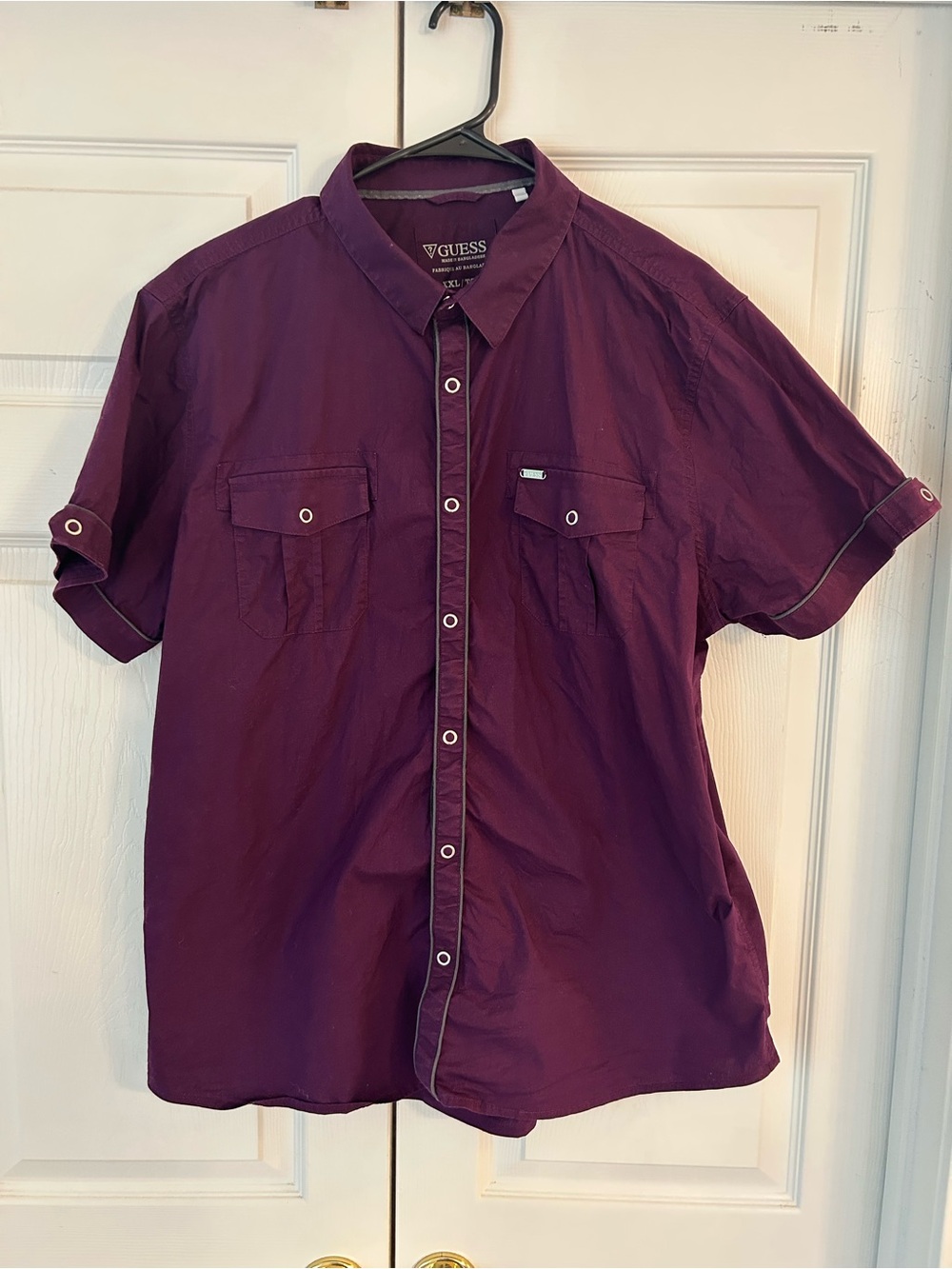GUESS Men’s Purple Slim Fit Short Sleeve Cotton Snap Button Up Shirt Size XXL